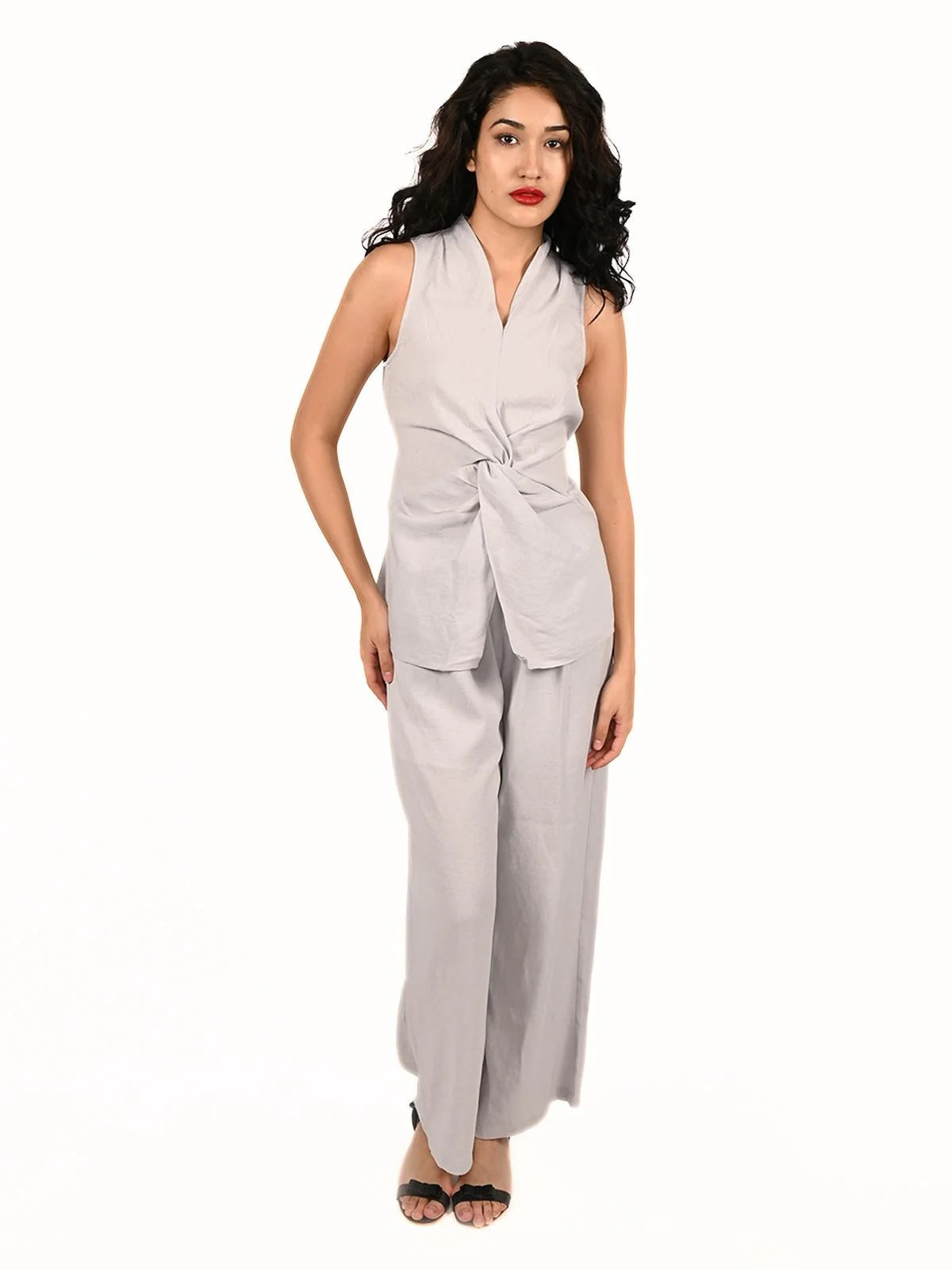 Odette Grey Cotton Linen Solid Co-Ord Set For Women