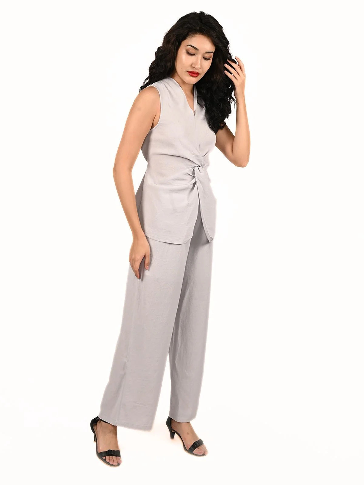 Odette Grey Cotton Linen Solid Co-Ord Set For Women