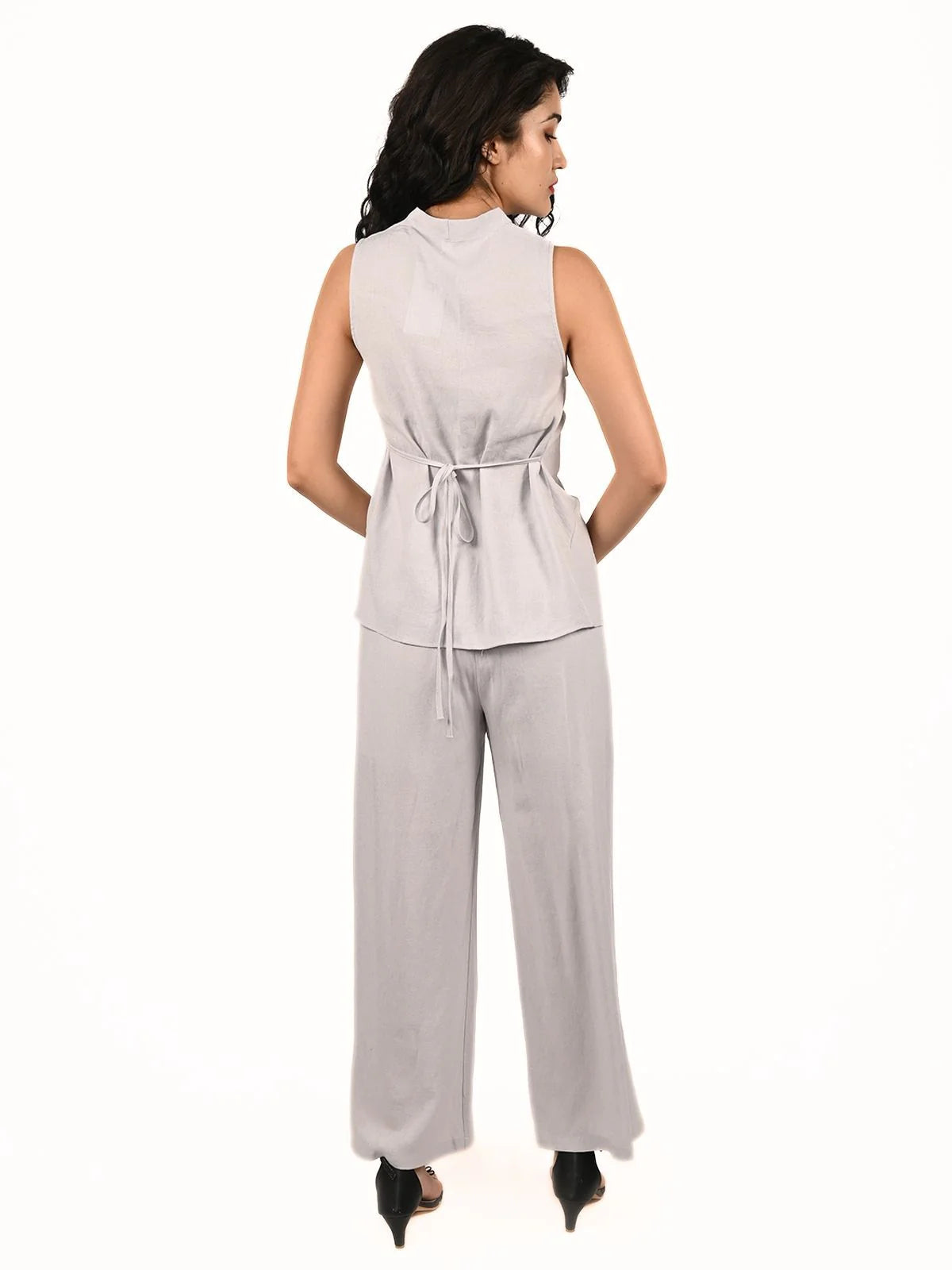 Odette Grey Cotton Linen Solid Co-Ord Set For Women