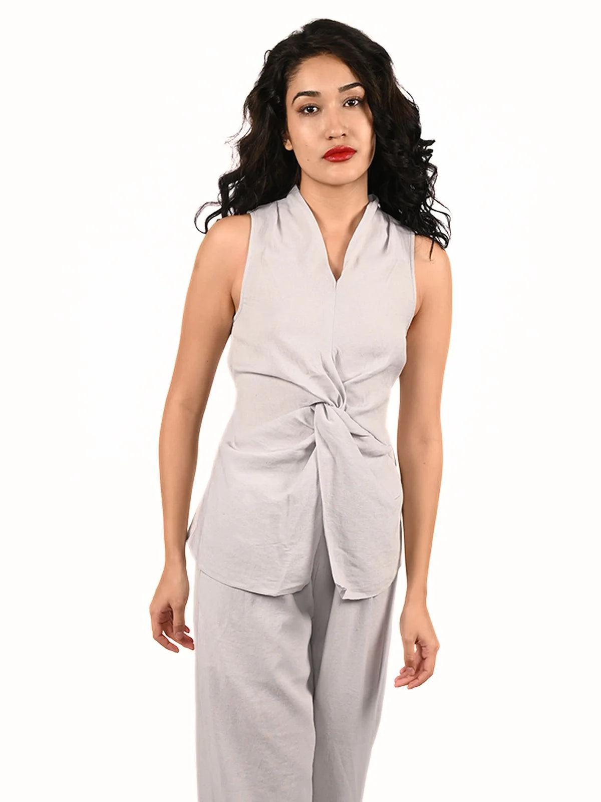 Odette Grey Cotton Linen Solid Co-Ord Set For Women