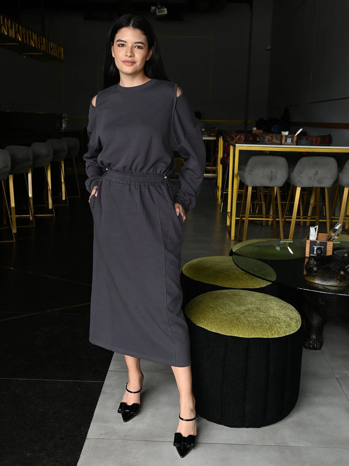 Odette Grey Jersey Solid Co-Ord Set For Women