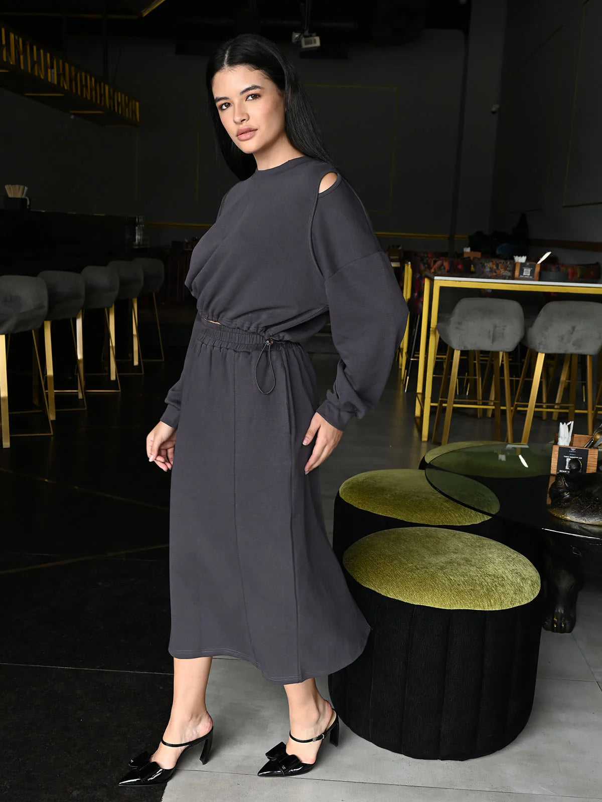 Odette Grey Jersey Solid Co-Ord Set For Women