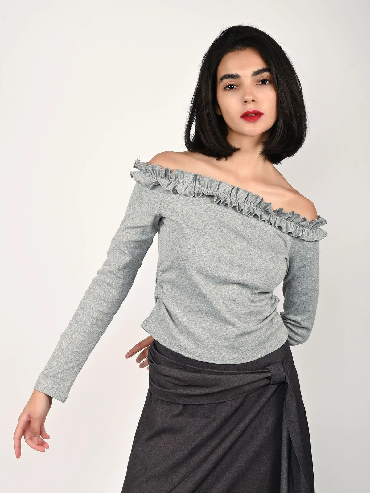 Odette Grey Cotton Rib Solid Top For Women