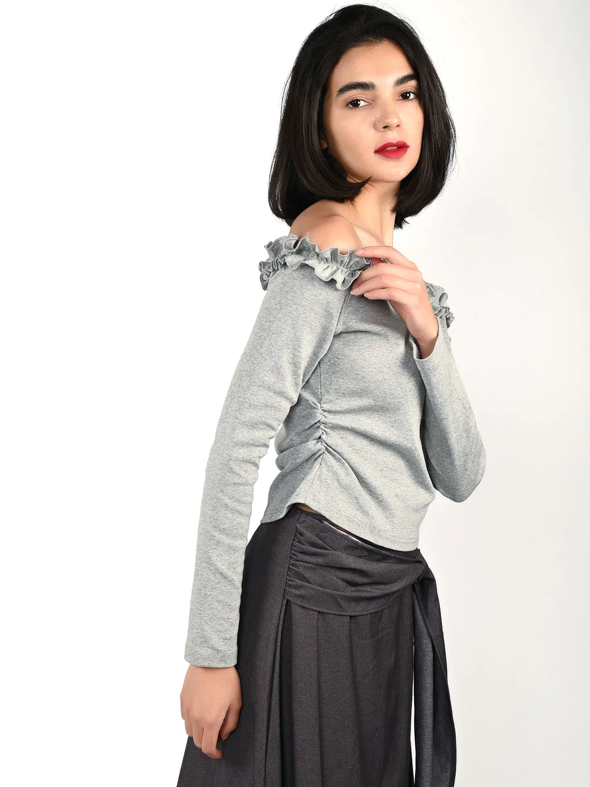 Odette Grey Cotton Rib Solid Top For Women