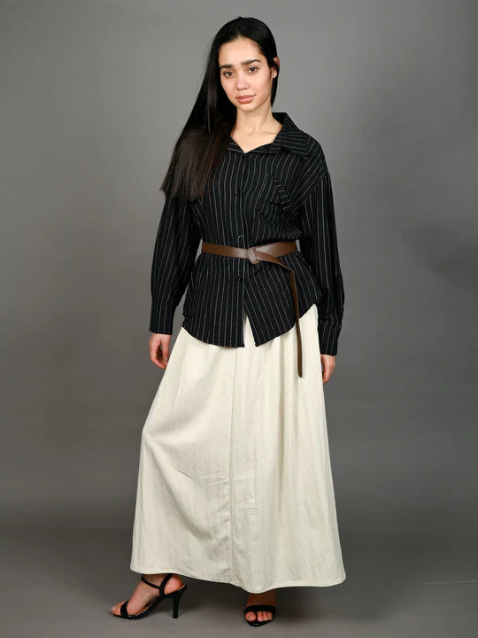 Odette Black Cotton Blend Striped Shirt With Waist Belt For Women